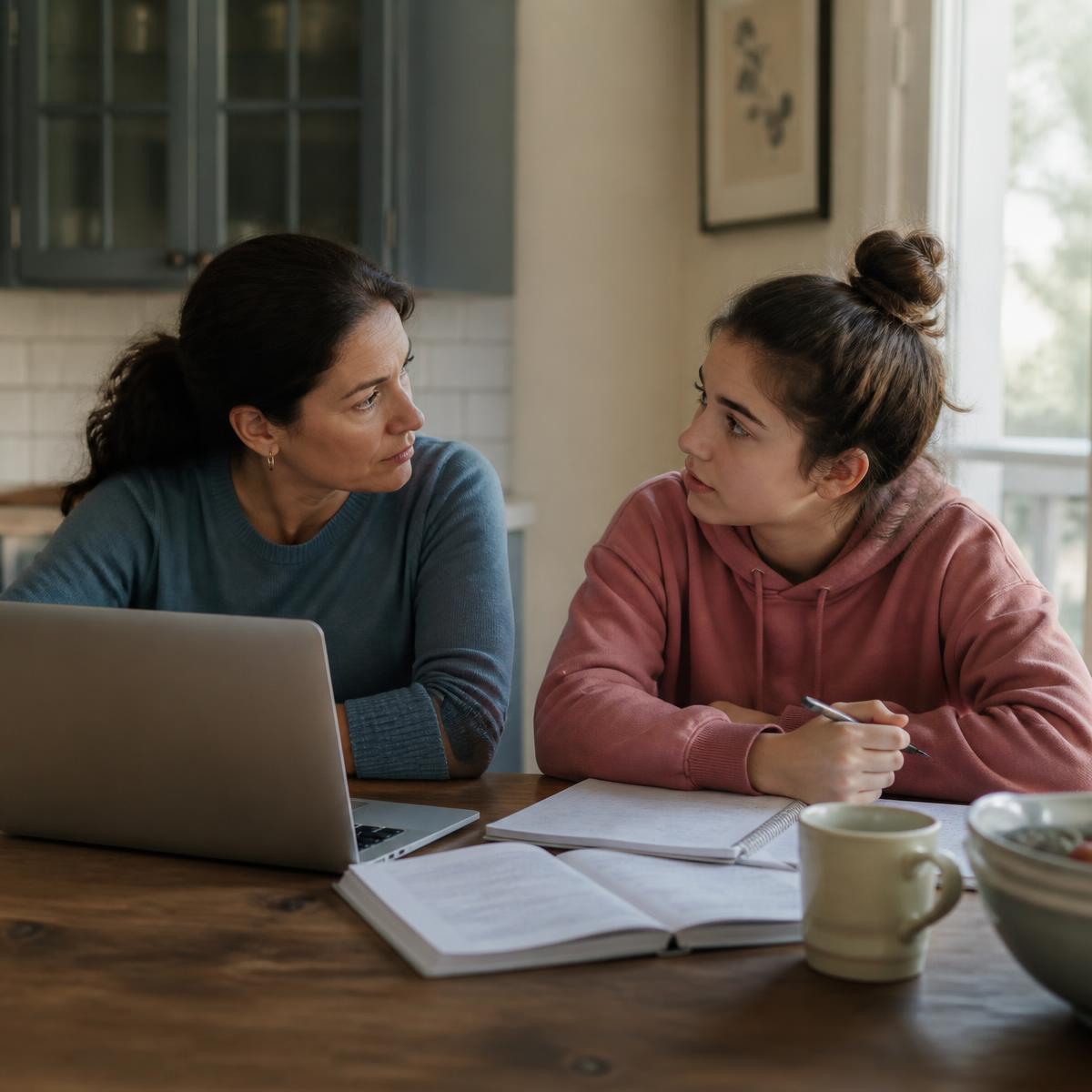 A parent and student sitting together with notebooks and a laptop